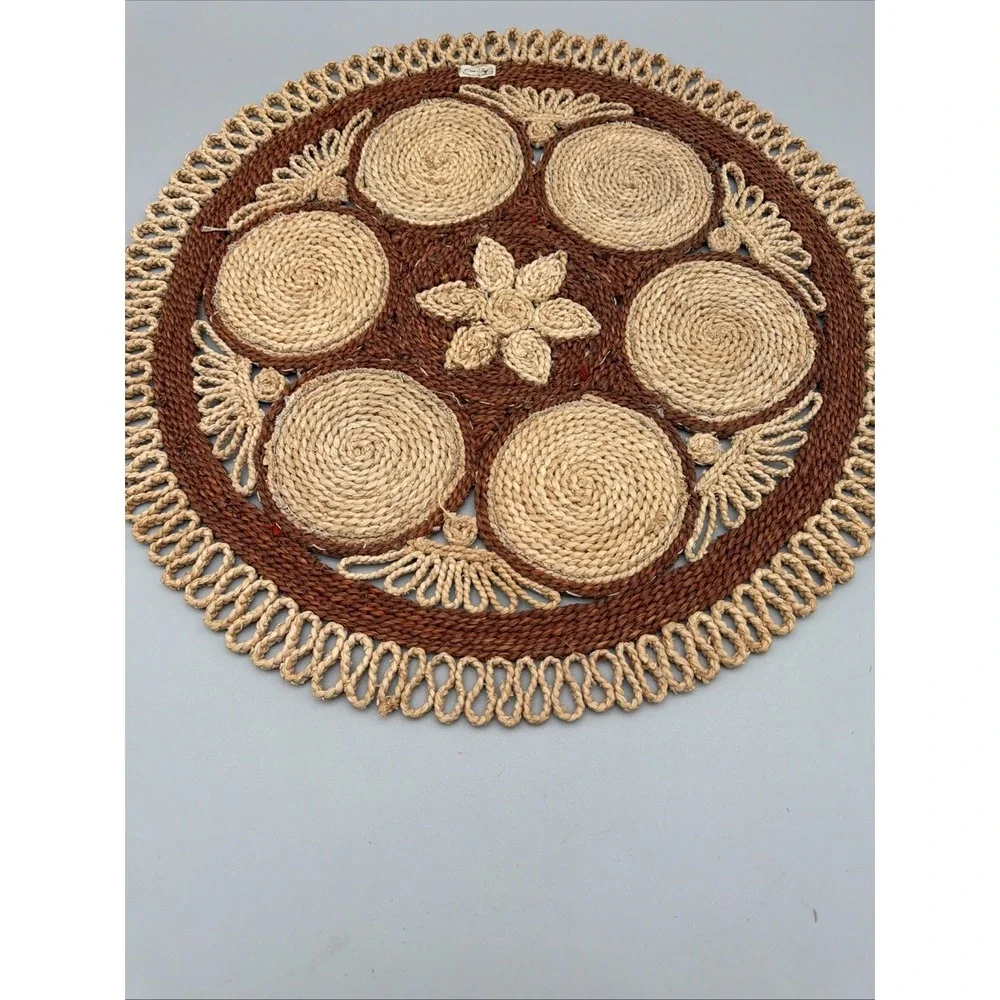 Vintage Rattan Wicker Round Table Placemat Centerpiece Needlepoint Floral 18